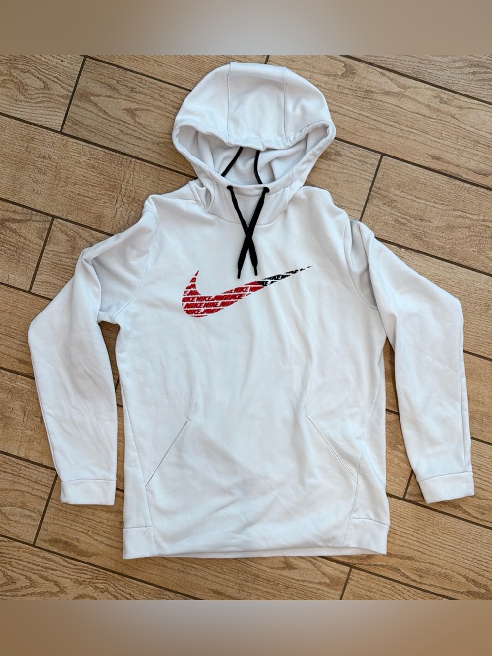Nike Therma Fleece White W/ Red & Black Nike Sign Logo Pullover Hoodie Size M